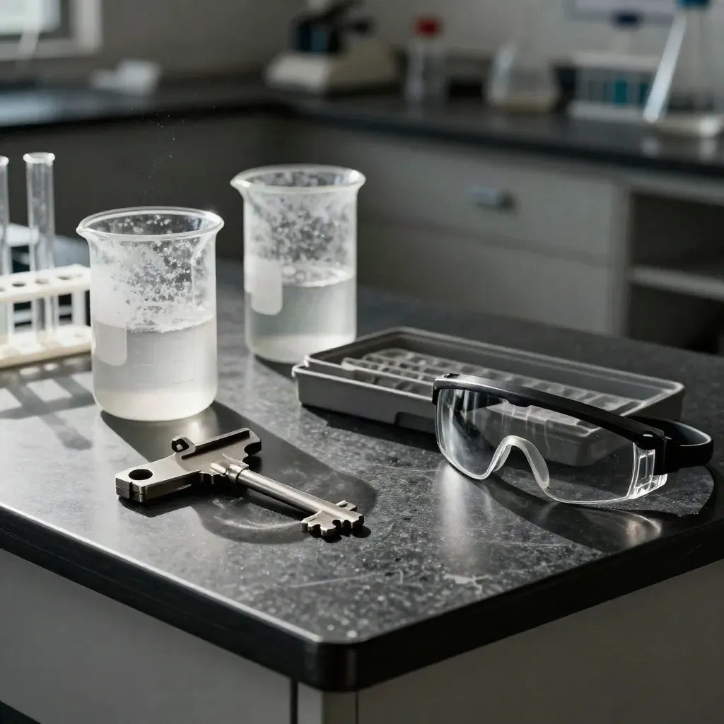 Becher, pinza e occhiali protettivi in un laboratorio scolastico, su pietra scura e luce drammatica.
