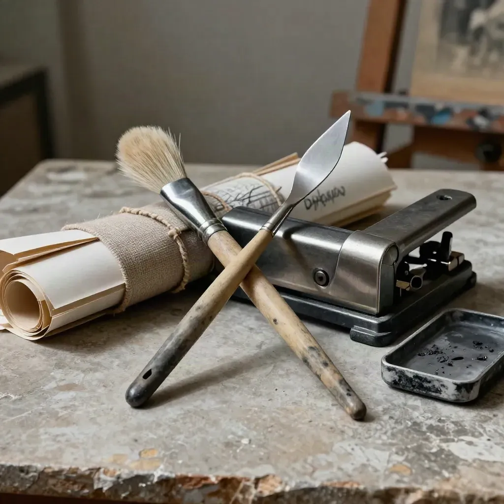 Pennelli e spatola in atelier con rotoli di schizzi su lastra in pietra grigia.