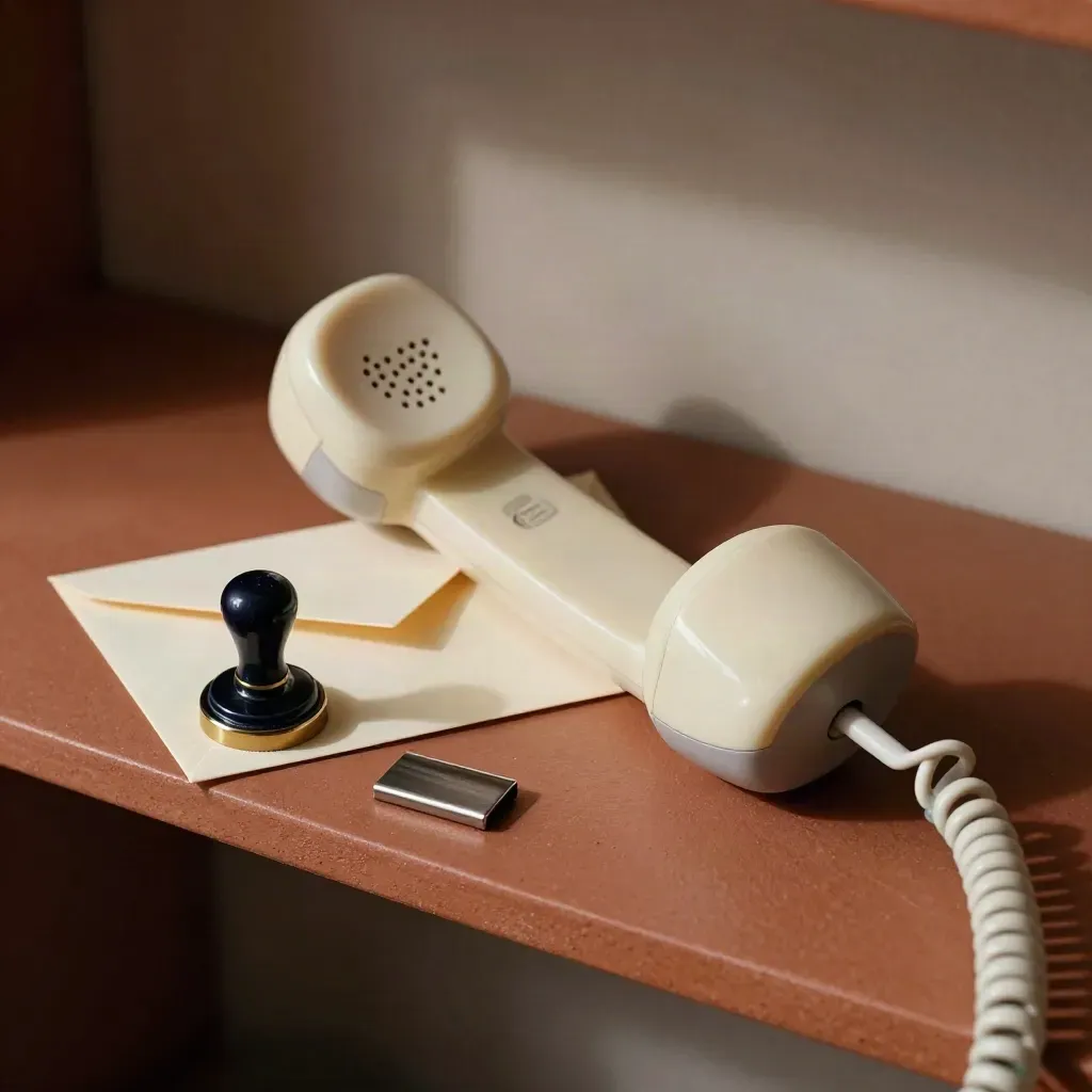 Cornetta di telefono, buste sigillate e tampone su piano terracotta, luce radente.