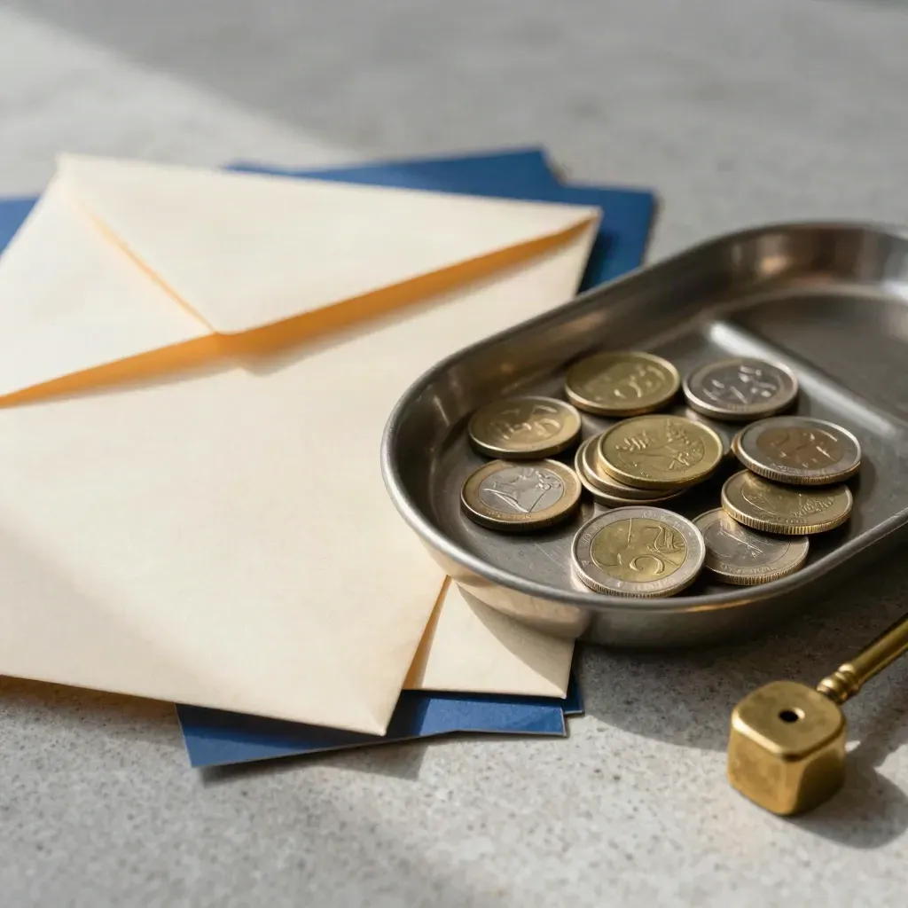 Buste per ricevute, vassoio per monete e peso in ottone su pietra grigia.