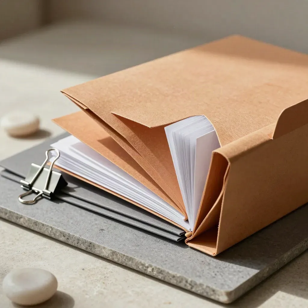 Schedario ad armonica aperto con fermagli binder e peso da carta su pietra.