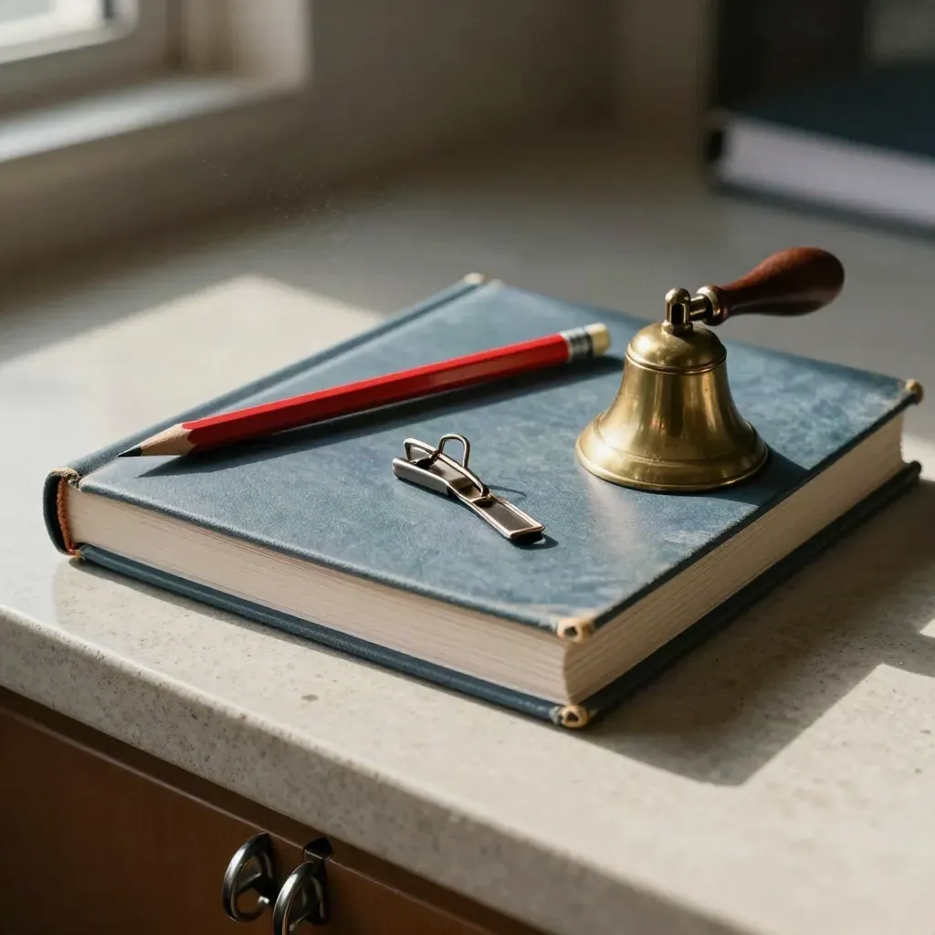 Registro di classe, matita rossa, campanella e fermaglio dietro anelli sfocati.