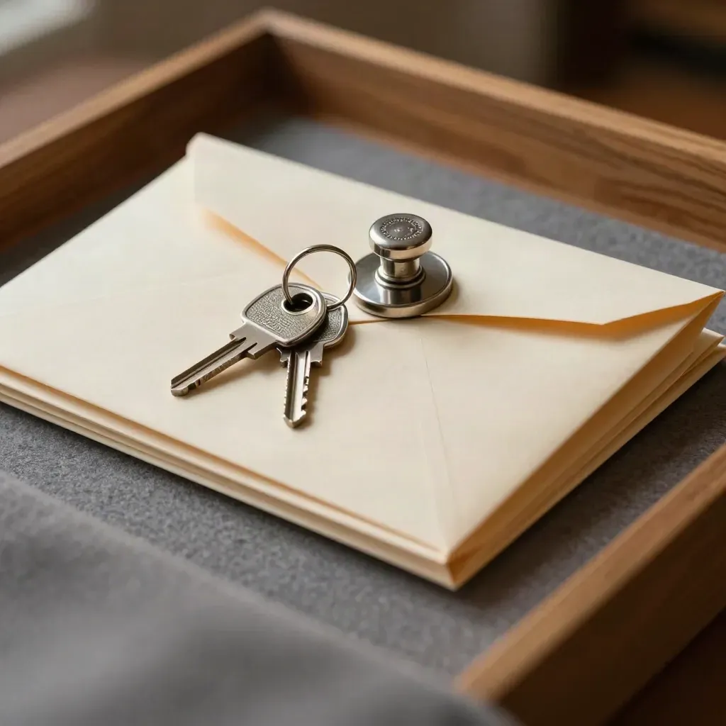 Buste sigillate, chiavi e timbro goffrato su legno chiaro, ripresi dall’alto.