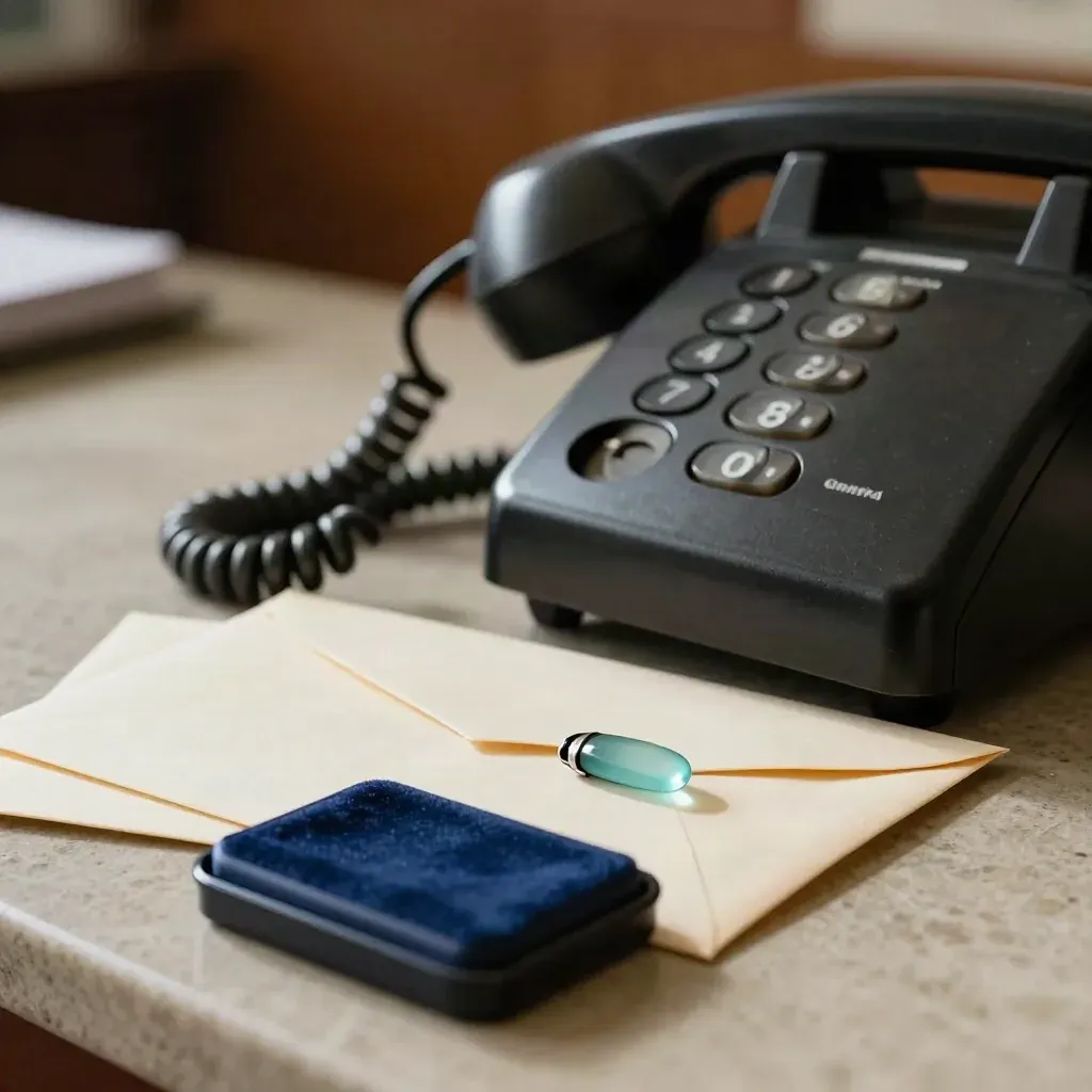 Telefono da scrivania con buste avviso e tampone inchiostro su banco di segreteria