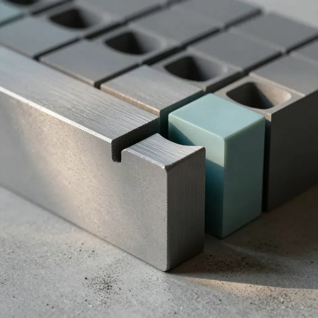 Blocchi modulari grafite e morsetto quadrato su cemento, con un accento verde acqua.